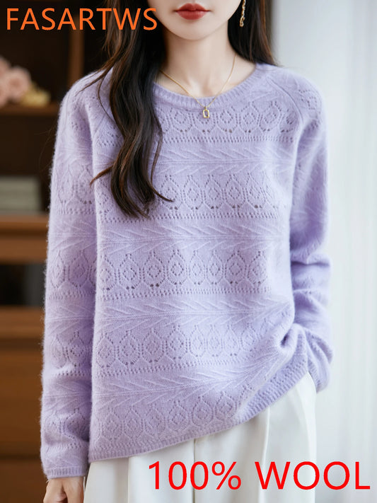 New Arrival Women's Hollow Out 100% Wool Knitted Sweater Round Neck Long Sleeve Slim Fit Breathable Pullover Versatile Daily Top