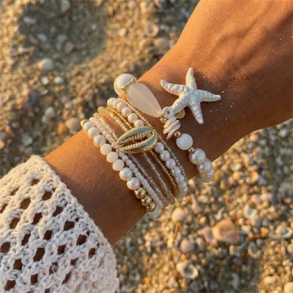 Cute Coral Starfish Shell Multi-Layer Bracelet for Women Ocean Series Fashion Stackable Beaded Jewelry Accessories