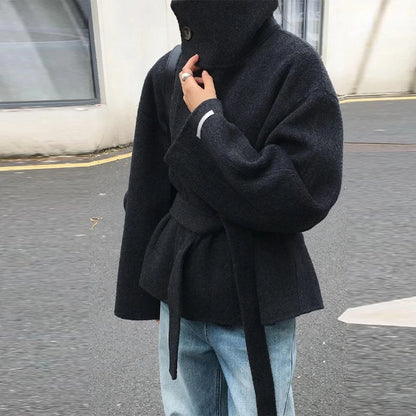 Elegant Women's Belt Stand Collar Woolen Coat Chic Single Breasted Full Sleeve Jacket 2025 Autumn Winter Lady Commute Streetwear