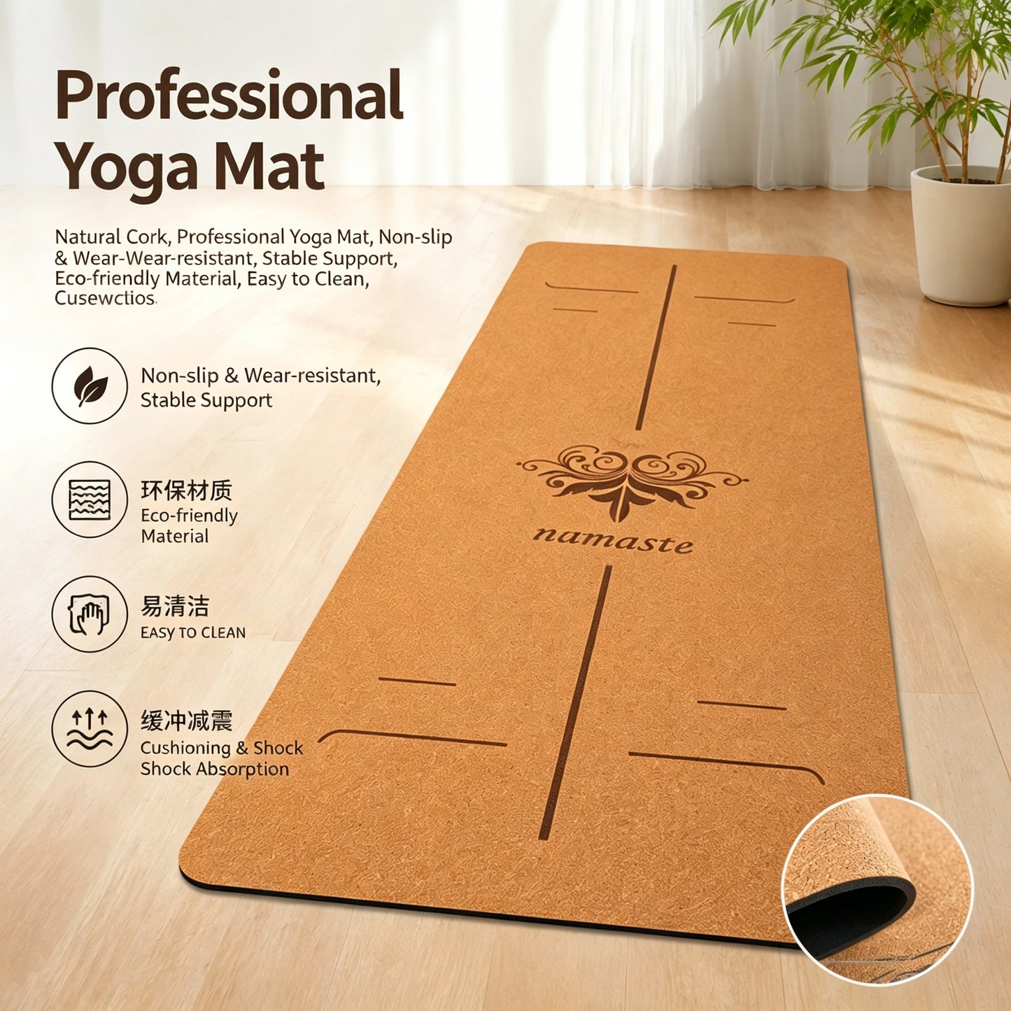 Natural Cork TPE Yoga Mat Non Slip Eco Friendly 183x61cm Thick 10mm Cushion for Home Fitness Pilates Workout