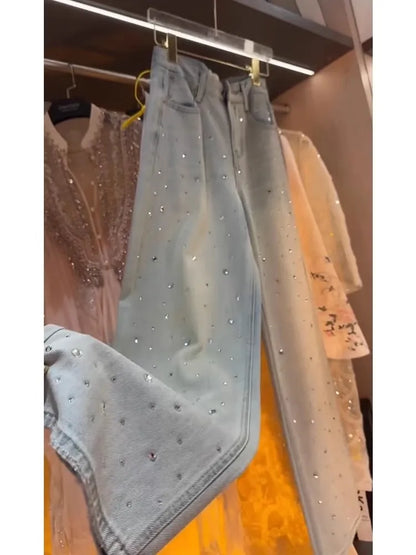 2025 Light-colored Diamond-encrusted High-waisted Loose and Thin Wide-leg Straight-leg Jeans Women's Mopping Long Pants