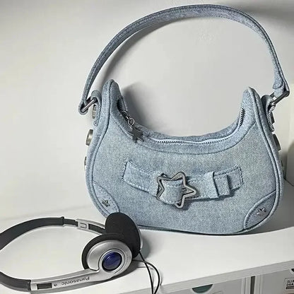 Vintage Korean Casual Cute White Star Shoulder Underarm Tote Bag Ladies Sling Bags Leather Zip Purses  Handbags Women