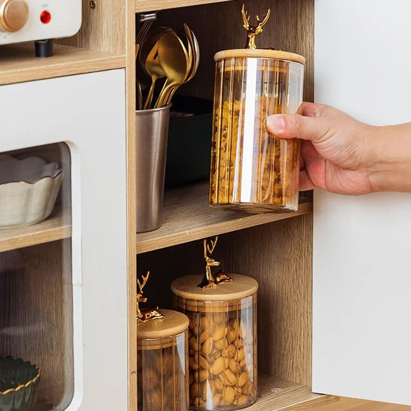 Glass Food Jar with Sealed Bamboo Lid Kitchen Pantry Grains Cookie Coffee Tea Candy Snack Storage Bottle Jars Kitchen Canister