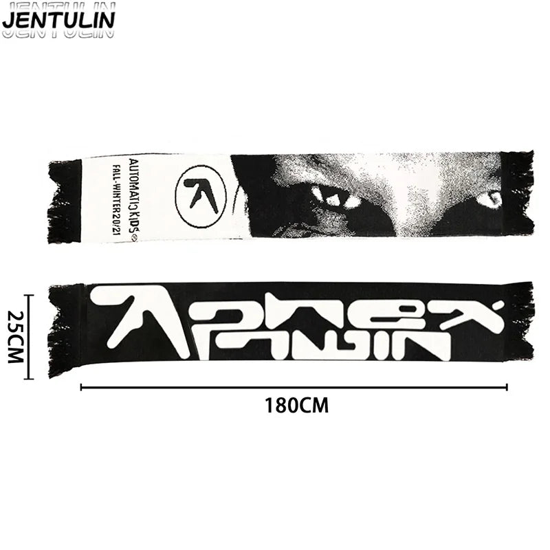 Y2K Aphex Twin creative hip-hop knit scarves warm Pullover oversize men's Streetwear scarves winter scarves apron black tassels