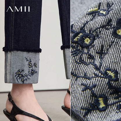 AMII Jeans Pants Women 2025 Autumn New Elegant Ladies Clothes Casual Loose Straight Embroidery Women's Denim Pants 12543032