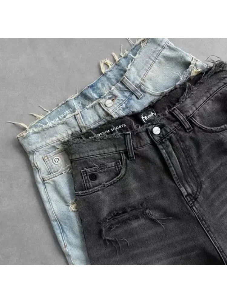 HOUZHOU Washed Ripped Short Jeans Women and Man Hole Embroidery Wide Leg American Retro Jorts Baggy Casual Streetwear Summer