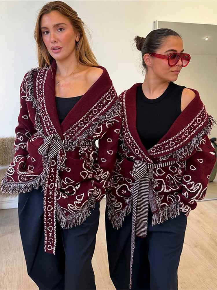 Women Tassel Knit Cardigans Fashion V Neck Long Sleeve Belt Female Knitwear 2026 Spring Autumn Elegant Ladies New In Outerwears