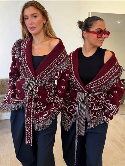 Women Tassel Knit Cardigans Fashion V Neck Long Sleeve Belt Female Knitwear 2026 Spring Autumn Elegant Ladies New In Outerwears