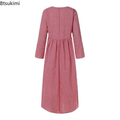 2025 Vintage Plaid Maxi Dress Women's New Cotton Linen Sundress Casual O-neck Long Sleeve Vestidos Females Check Long Skirt Robe
