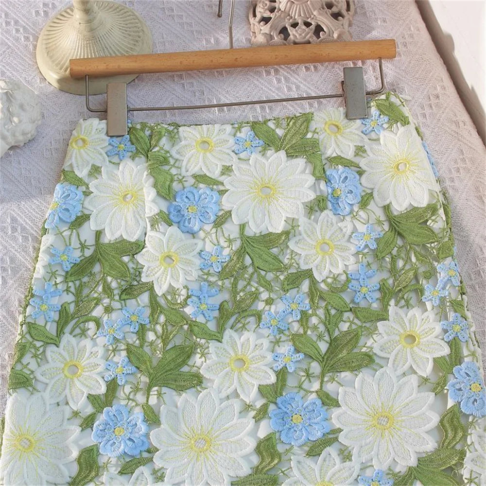 Spring and Summer Crocheted Openwork Lace Bag Hip Skirt Female Long Flower Embroidered Beautiful Skirt Female Skirts for Women