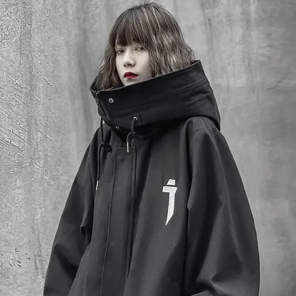 Hikigawa Chic Fashion Women Punk Style Turtleneck Hooded Jackets Vintage Loose High Street Zipper Cardigan Coats Tops Mujer