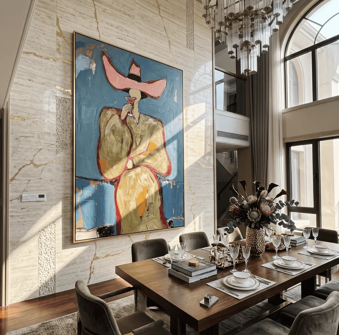 Wall Art Canvas Prints Posters Decor Textured Abstract Pink Hat Woman Wine Painting For Living Room Bedroom Bar Cafe Wall Decor