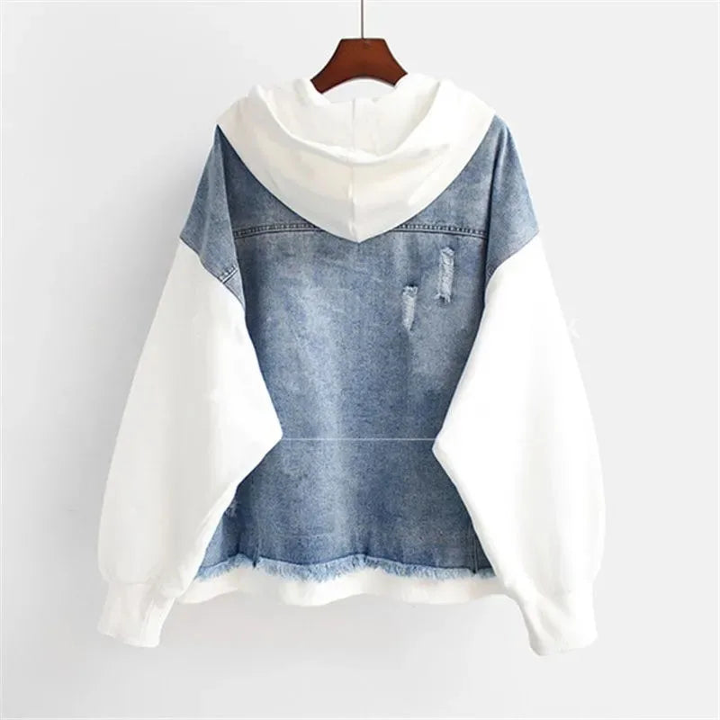 2025 Spring Autumn New Fake Two Piece Denim Jacket Women Loose Splicing Cardigan Hooded Baseball Coat Female Casual Ladies Tops