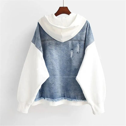 2025 Spring Autumn New Fake Two Piece Denim Jacket Women Loose Splicing Cardigan Hooded Baseball Coat Female Casual Ladies Tops