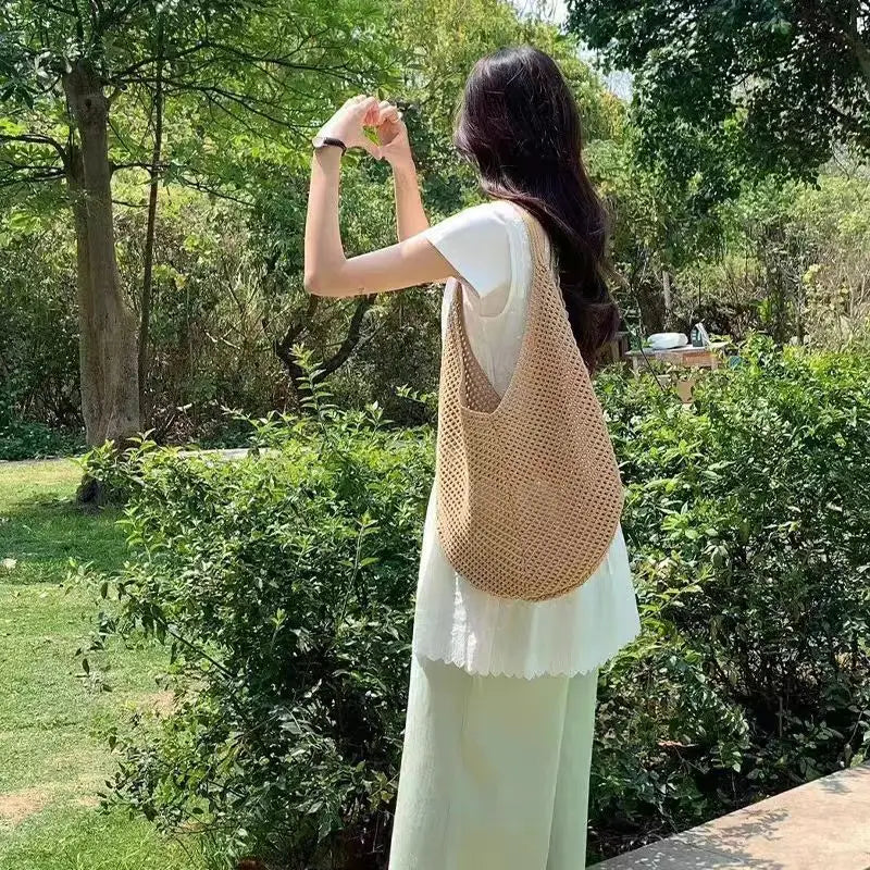 Fashion Women's Hollow Woven Shoulder Bags Large Capacity Knitting Underarm Bag Solid Crochet Tote Handbag Summer Mesh Beach Bag