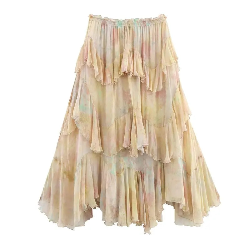 Summer 2025 Long Printed Layered Decorative Skirt Women's Faion Design High Waist Midi Skirt Floral Patterned Skirts