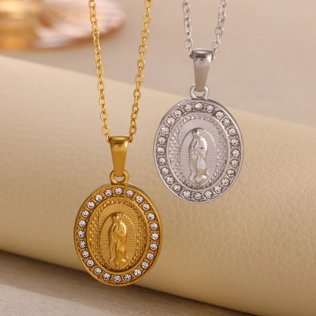 Virgin Mary Pendant With Diamonds Necklace For Women Gold Color Medal Charm Stainless Steel Religious Punk Jewelry Easter Gift