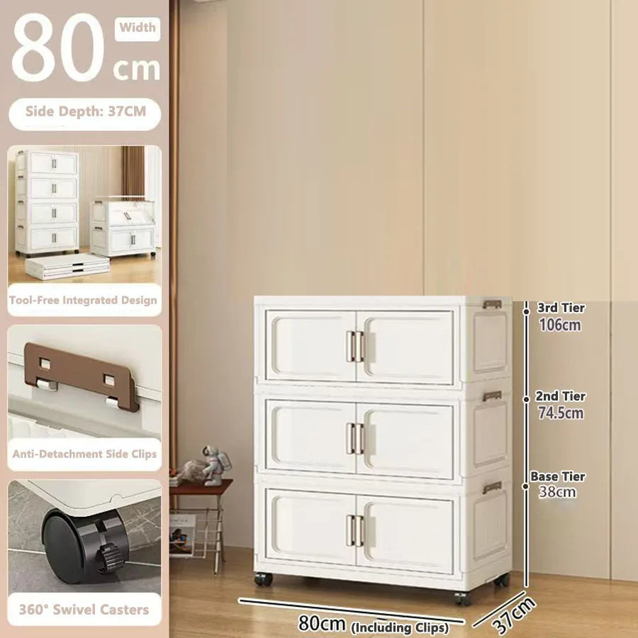 Folding Storage Cabinet with Drawers Home Organization Kitchen Bathroom Bedroom Multi-Functional Compact Closet Space Saver