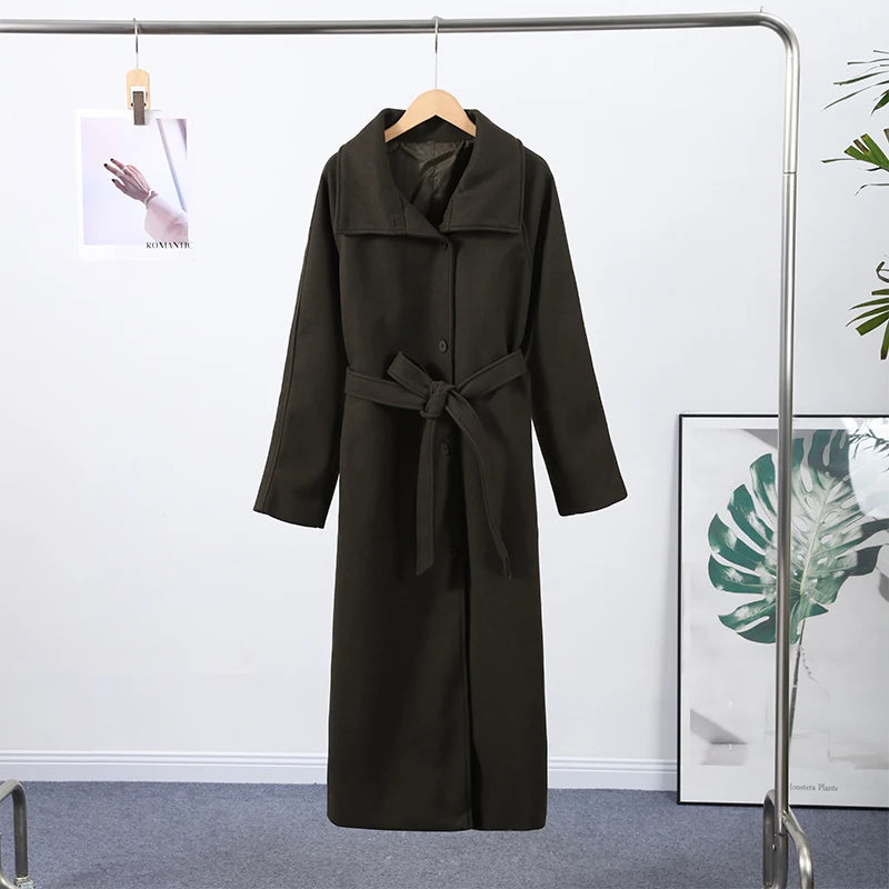 Retro Solid Stand Collar Long Tweed Coat Women 2025 Fashion Large Lapel Single Breasted Coats With Belt Lady Chic Street Outwear