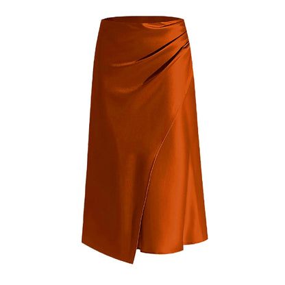 New In 2025 Women's Summer High Waist Satin Pleated Split Green Long Skirt Solid Color Zipper Office Lady Party Elegant Skirts