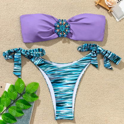 Rhinestone Flower Accessories Swimsuit Women 2023 2-piece Mini Bikini Sexy Strapless Backless Bathing Suit Summer Beach Swimwear