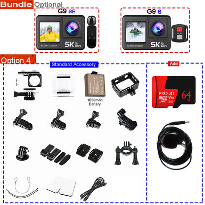Action Camera 5K 4K60FPS 50MP 2.0 Touch EIS Pre-Record Wireless Mic Wi-Fi 170D DVR Webcam Waterproof 30M 5X Zoom Sports Camera