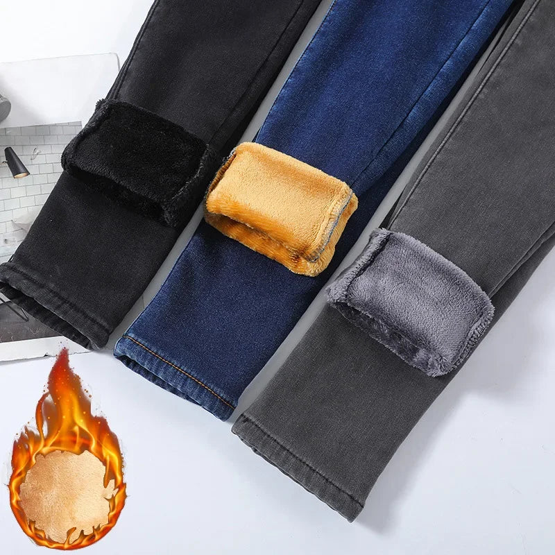 Winter Women Chic Fleece Thermal High Waist Jeans Lady Snow Warm Plush Denim Pants Girls Classic Fashion Straight Leg Trousers