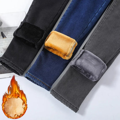 Winter Women Chic Fleece Thermal High Waist Jeans Lady Snow Warm Plush Denim Pants Girls Classic Fashion Straight Leg Trousers