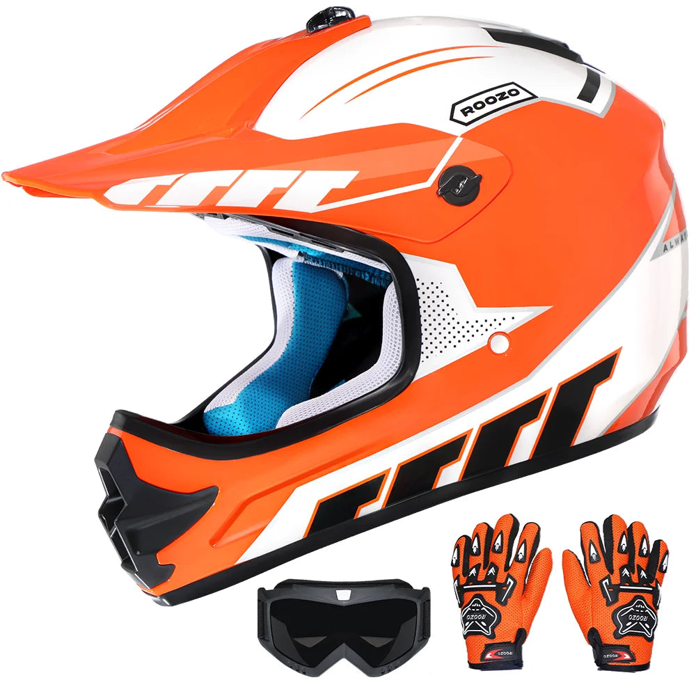 Kids Motocross Helmet with Motocross Goggles and Gloves Child Motorcycle Off-Road Helmets for Dirt Bikes ATVs Quads