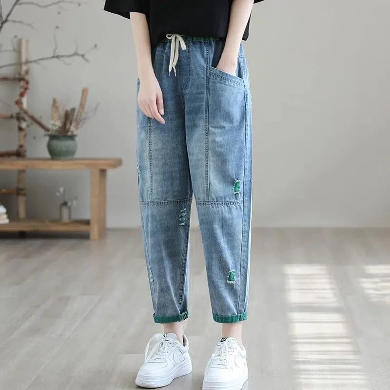 Ripped Hole Harem Jeans Streetwear Women's Korean Baggy Ankle-length Denim Pants Design Casual Vaqueros New Lace Up Kot Pantalon
