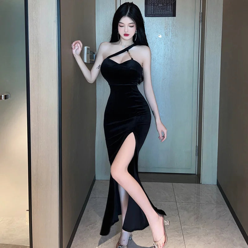 2023 Summer New Women's Sexy Spicy Girl Style Oblique Shoulder Leopard Pattern Side Split Slim Wrap buttocks Long Dress YNJY