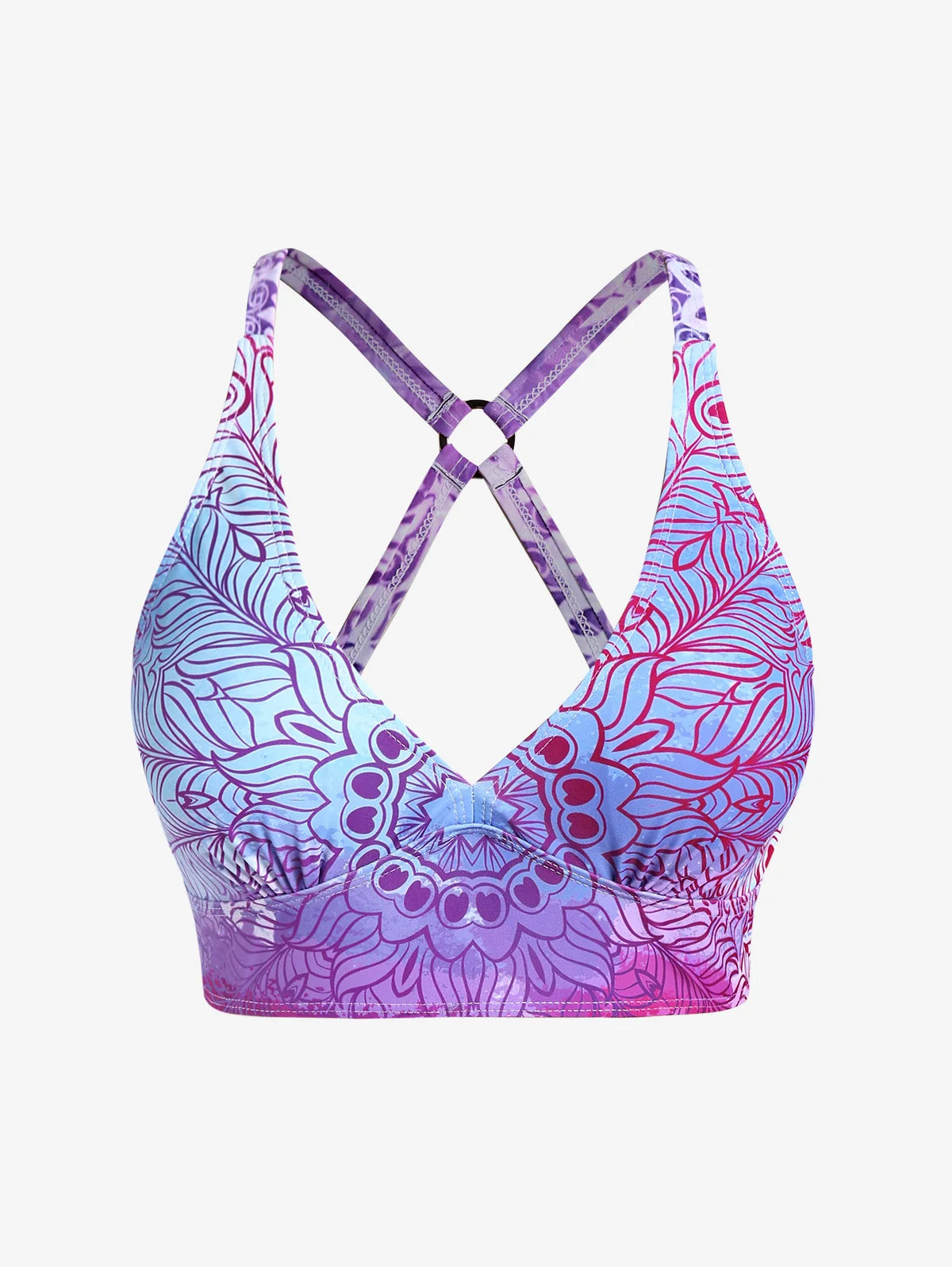 ROSEGAL Plus Size Women's Three-Piece Padded Tankini Swimsuit Stripe Colorblock Bikinis Set, Or Purple Ethnic Printed Swimwears