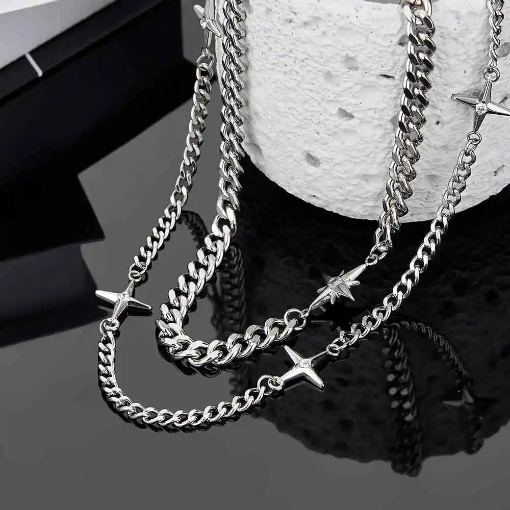Titanium Steel Double-Layer Layered Star Necklace For Man Woman Hip-Hop Non Fading Sweater Clavicle Chain Couple Jewelry