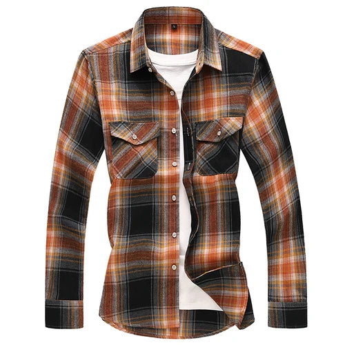 2026 New Men's Long Sleeved Plaid Shirt, with Two Chest Pockets Single Breasted Lapel Cotton Shirts Big Size Male Top Chemise