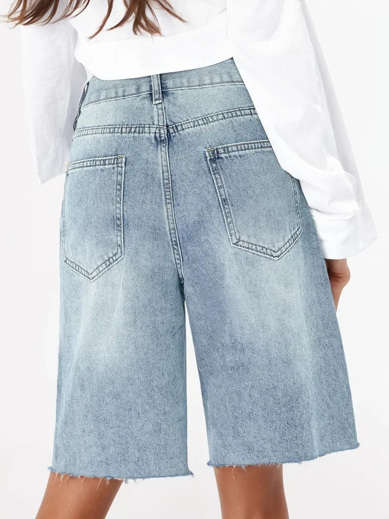 High Waist Retro Jeans Women's Bleached Ripped Loose Raw Hem Cropped Pants Knee Length Denim Shorts