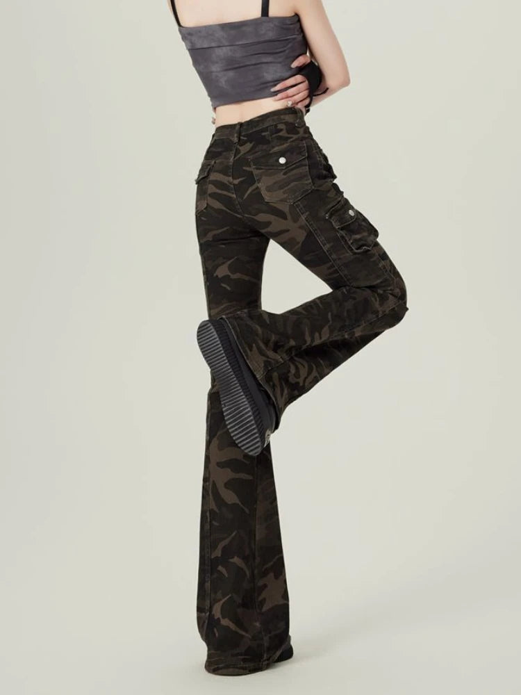 High Waist Jean Women Camouflage Cargo Style Skinny American Streetwear Aesthetic 2000s Y2k Jeans Flare Trousers Designed Chic