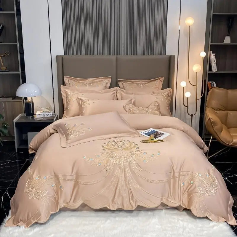4/6Pcs White Gray Sateen Gold Embroidery Luxury Satin Cotton Bedding set Double Queen King Comforter Cover Bed Sheet Pillowcases