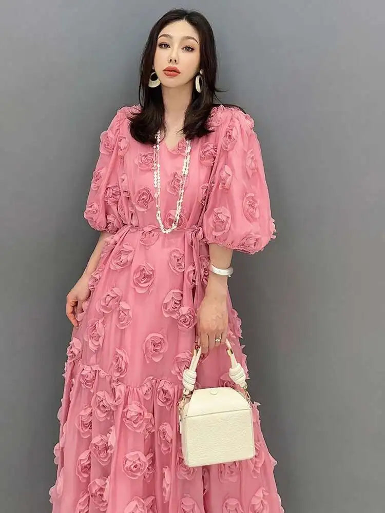 SHENGPALAE Fashion Rose Blossom Bubble Sleeve V-Neck Dress Elegan Chic Short Sleeve Robe Women's 2024 Summer New Clothing 5R3438
