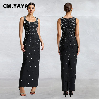 CM.YAYA Diamonds Hot Rhinestones Square Collar Women Sleeveless Bodycon Long Dress Birthday Party Evening Prom Maxi Dresses