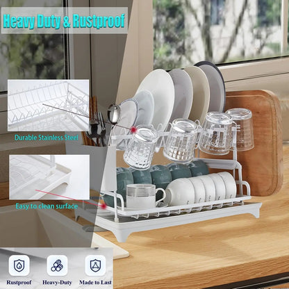 Dish Drying Rack, 2 Tier Dish Racks for Kitchen Counter, Large Drying Rack with Drainboard, Rustproof Dish Drainer Organizer
