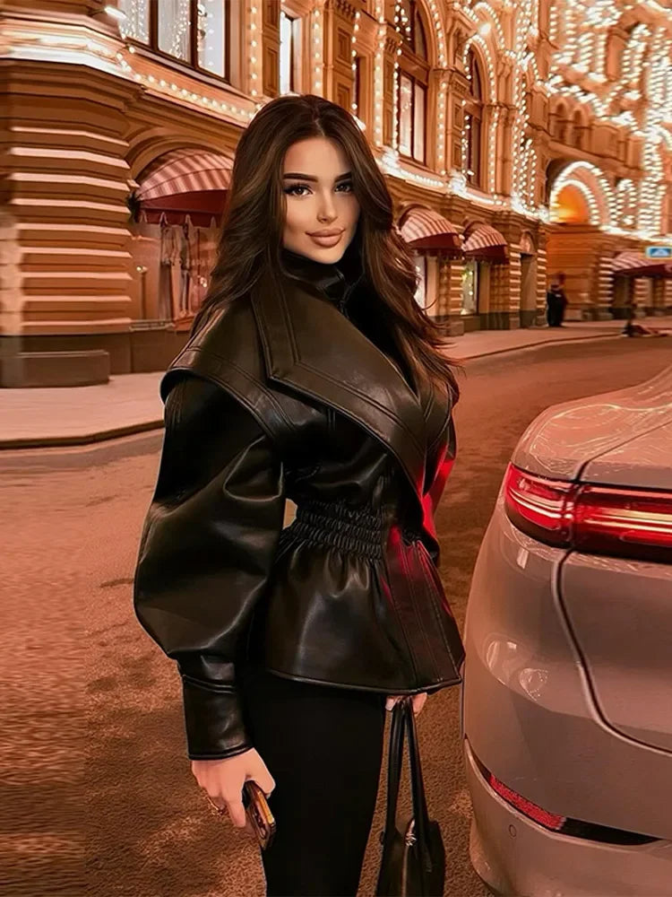 Women's Jacket Coat Elastic Waistband Leather Turn-Down Collar Solid Female Jacket Oversized Street Autumn Short Coat For Ladies