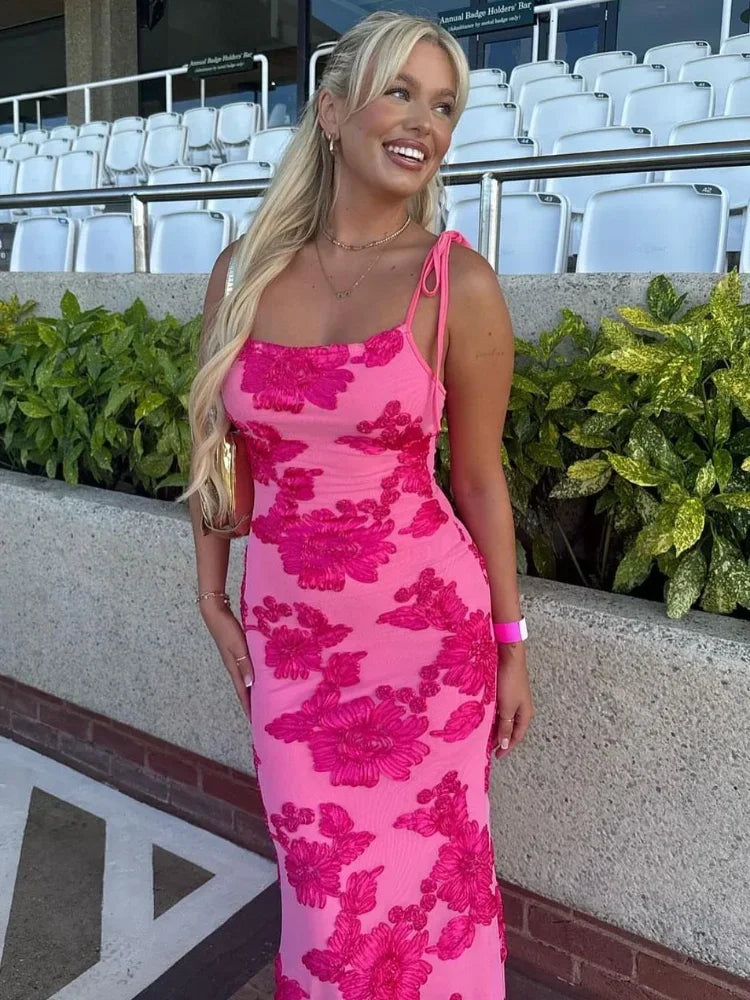 Rose Red Floral Embroidered Long Dress Women's Elegant Spaghetti Strap Off-shoulder Dresses Lady Summer New Vacation Beach Gowns