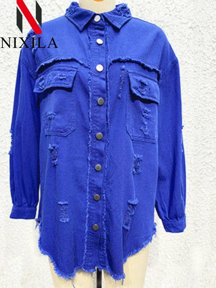 Spring Autumn Denim Women's Jacket Rough Selvedge Ripped Loose Fit Long Sleeve Korean Fashion Female Top