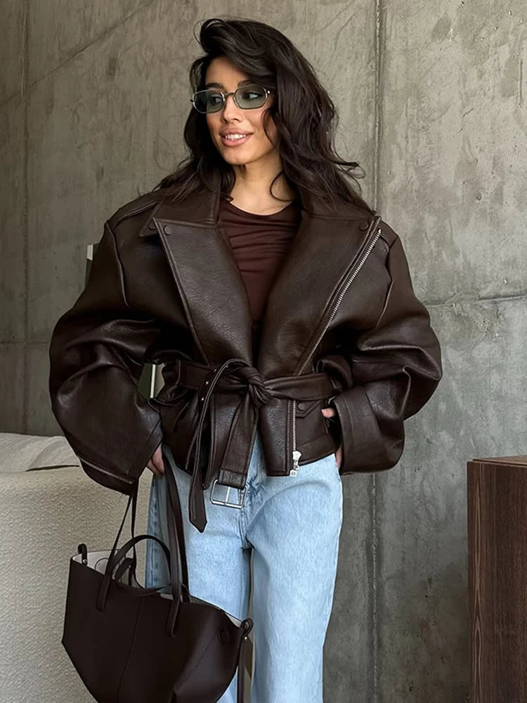 Women Wine Red Lapel Leather Jacket Fashion Full Sleeve Collar Zipper Elastic Waist Coat 2025 Casual Autumn Daily Office Outwear