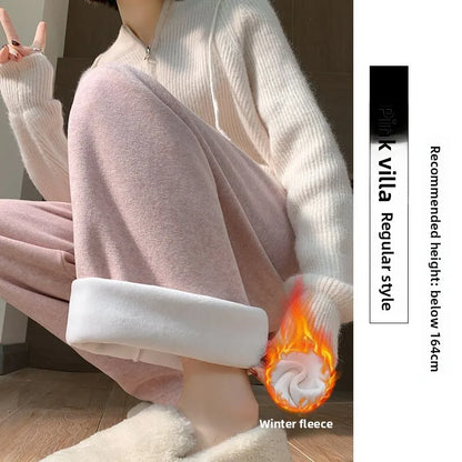 2025Hot Fleece Woman Pants Winter Elastic Waist Warm Leggings Solid Casual Thicken High Waist Straight Comfort Wide Leg Trousers