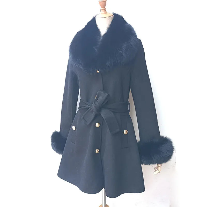 2023 Winter Real Fox Fur Coat Women Wool Jacket With Natural Fox Fur Collar Slim Female Woolen Cashmere Outwear