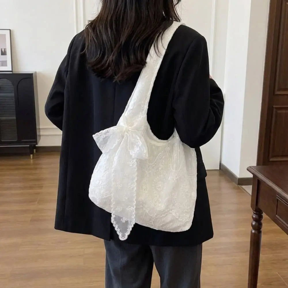 With Silk Scarf Floral Print Lace Handbag Lightweight Versatile Embroidery Lace Shoulder Bag Canvas Korean Style Tote Bag