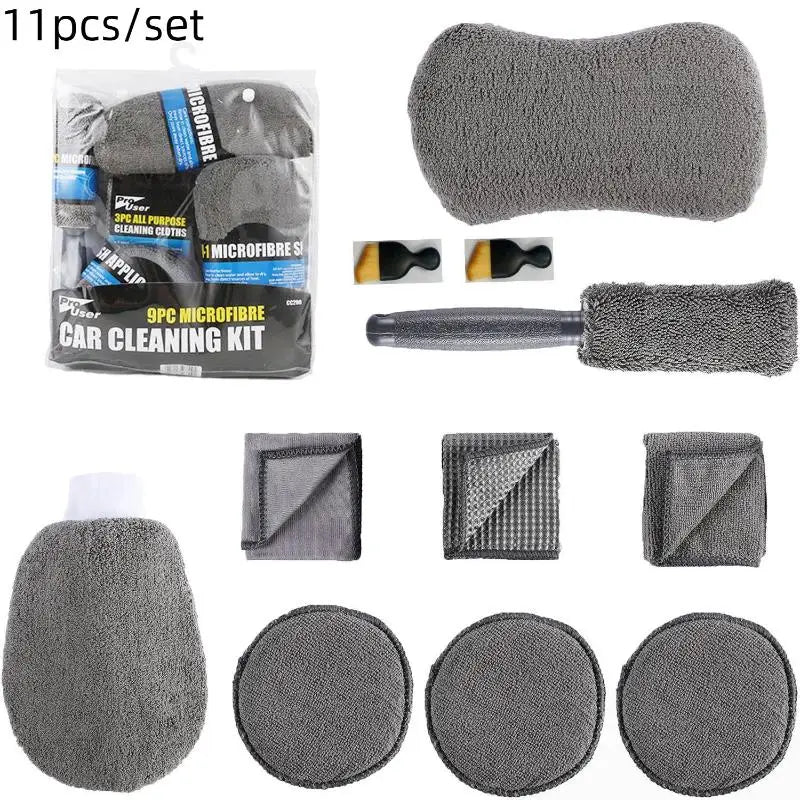 9/11PCS Car Cleaning Tools Kit Car Detailing Set Tire Brush Polishing Towel Cloth Wash Sponge Microfiber Cleaning Mitt Towels