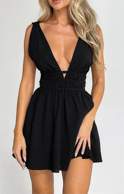 New Backless Sexy Women Mini Dress Sleeveless V Neck Backless Flower Print Summer Club Party Dress Sundress Streetwear S M L