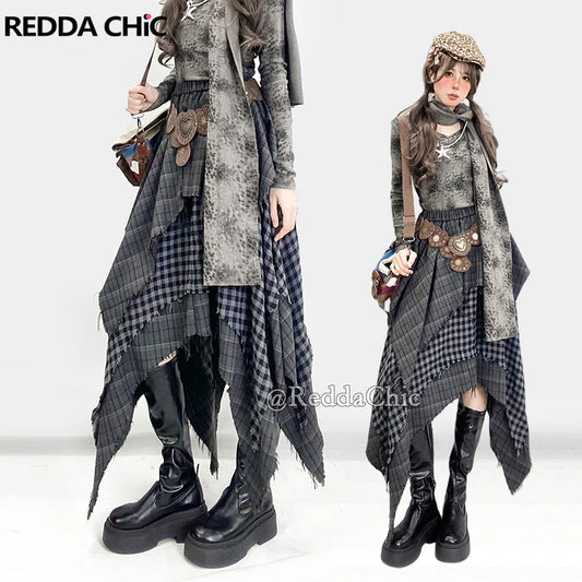 REDDACHiC Big Size Asymmetrical Plaid Skirt Retro Punk Raw Edge Irregular Patchwork Elastic Waist Long Skirt Women Acubi Fashion